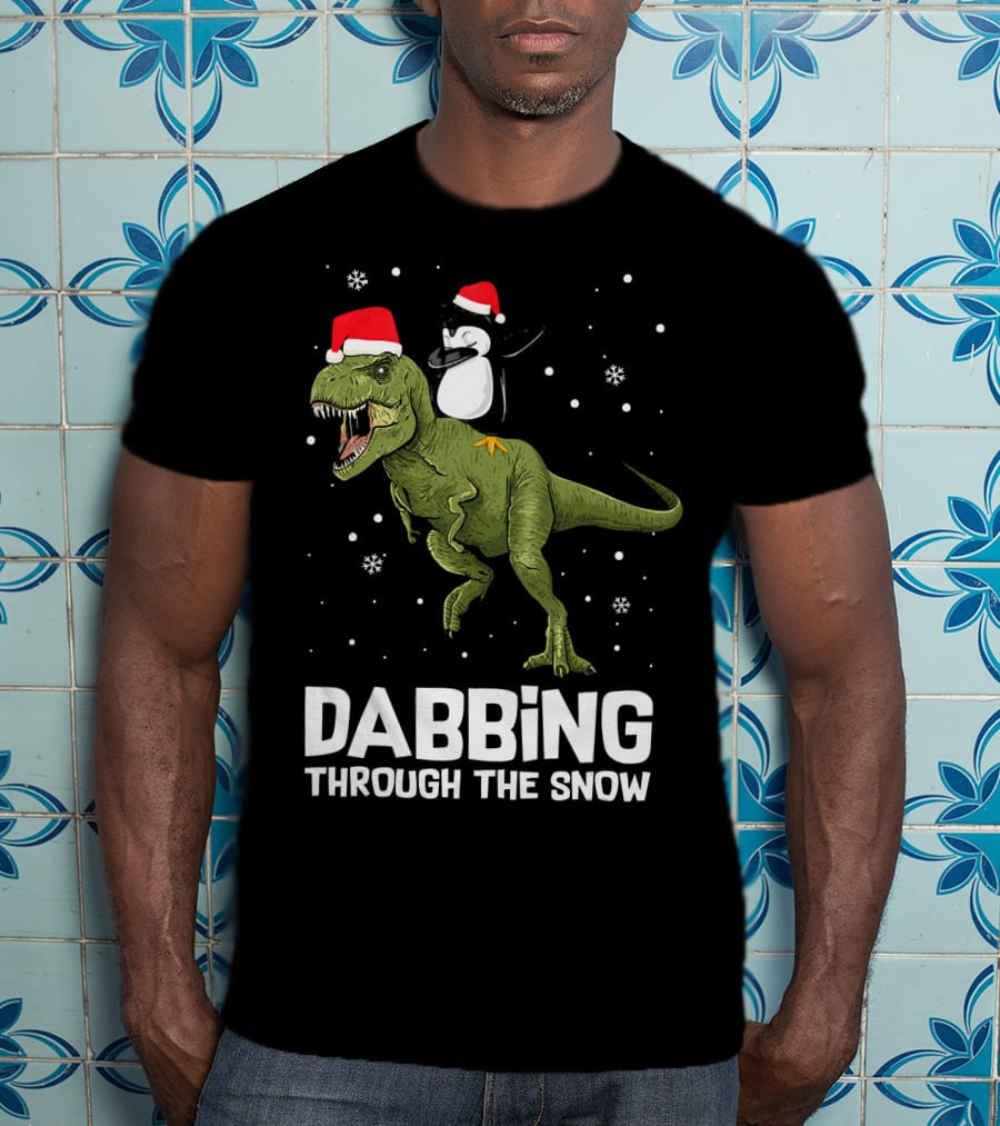 Dabbing Through The Snow Penguin On Dinosaur Christmas T-Shirt