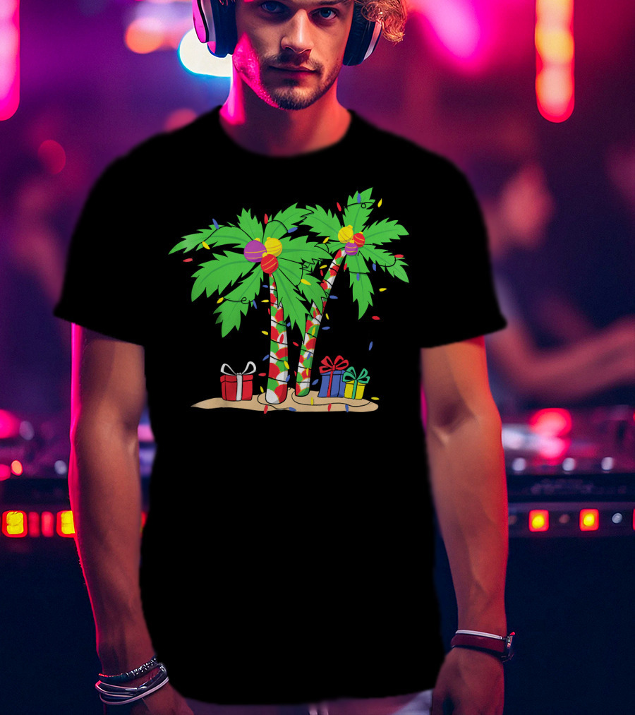 Decorated Christmas Palm Tree With Holiday Lights And Gifts T-Shirt