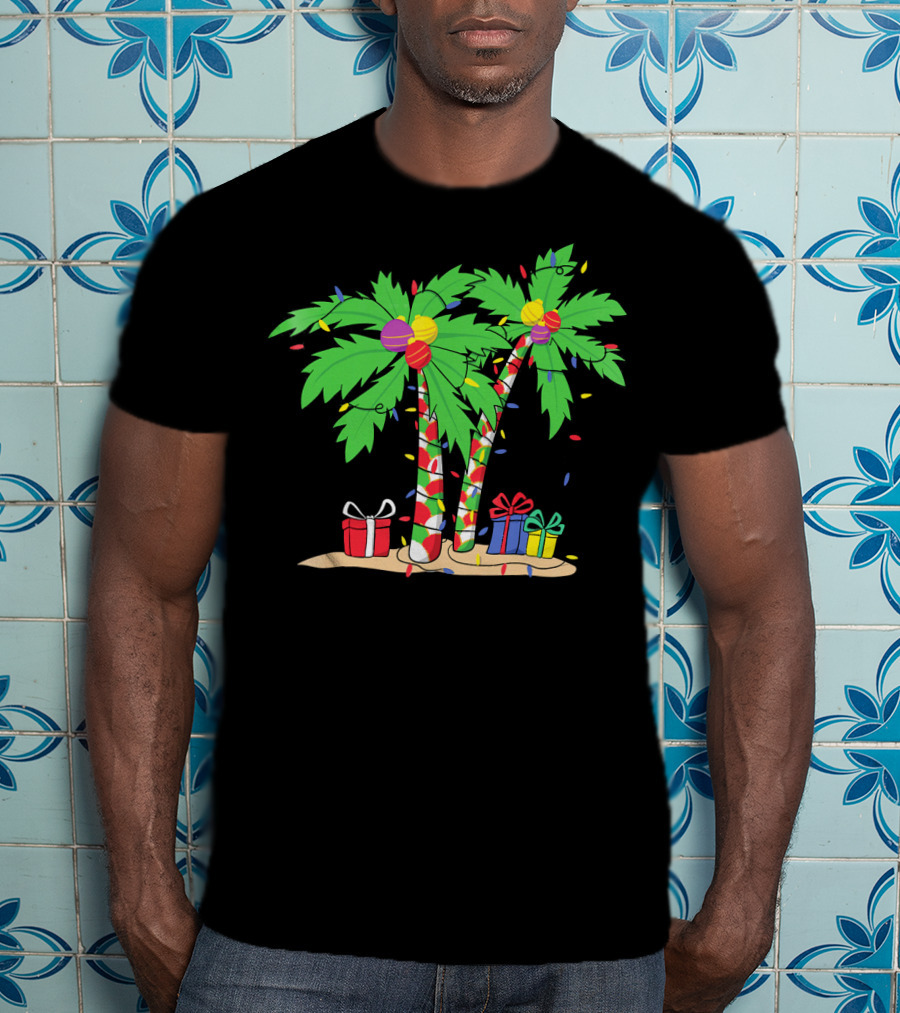 Decorated Christmas Palm Tree With Holiday Lights And Gifts T-Shirt