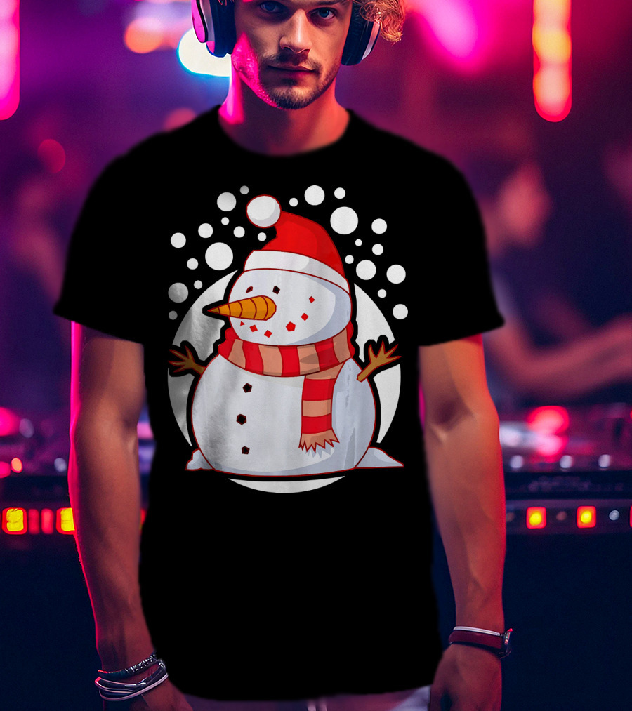 Winter Christmas Santa Snowman In Red Scarf And Hat T-Shirt