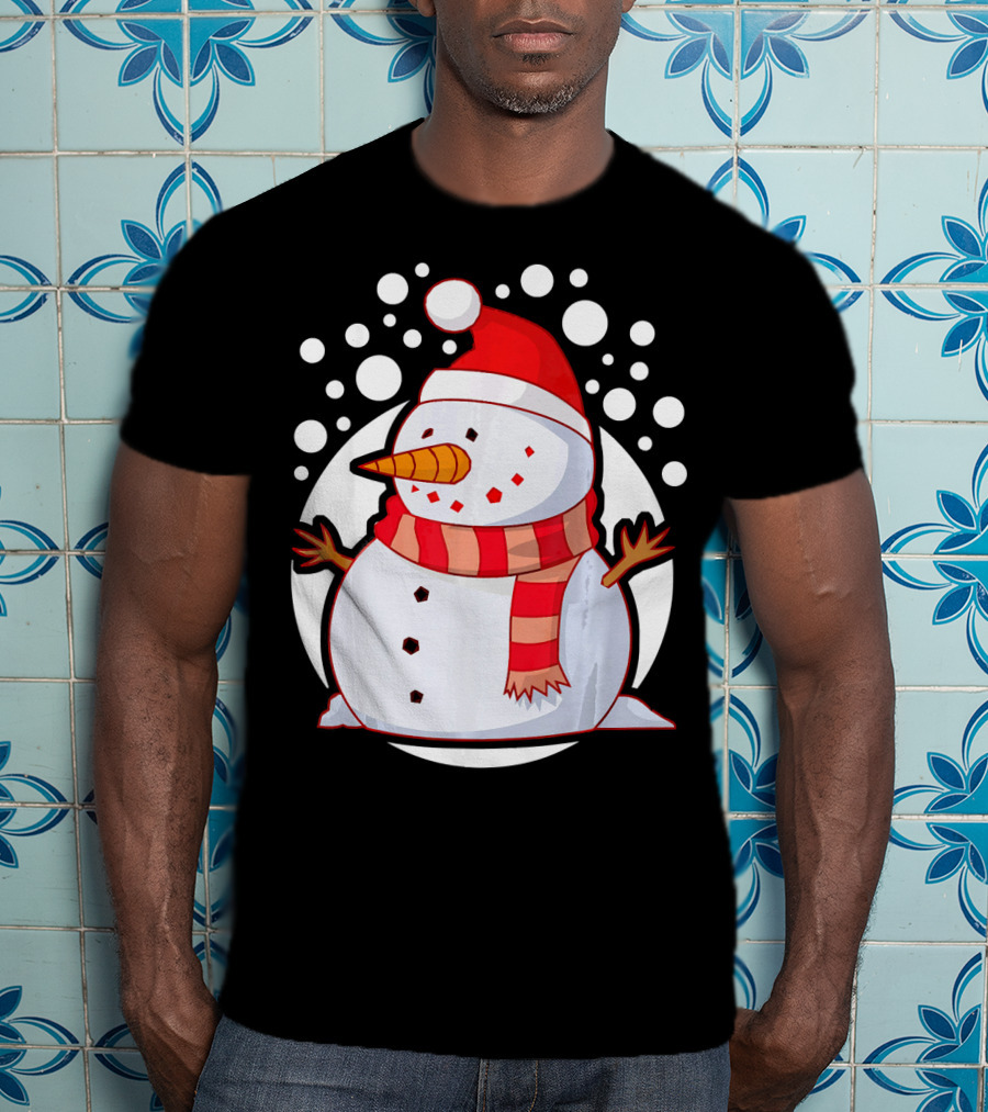 Winter Christmas Santa Snowman In Red Scarf And Hat T-Shirt