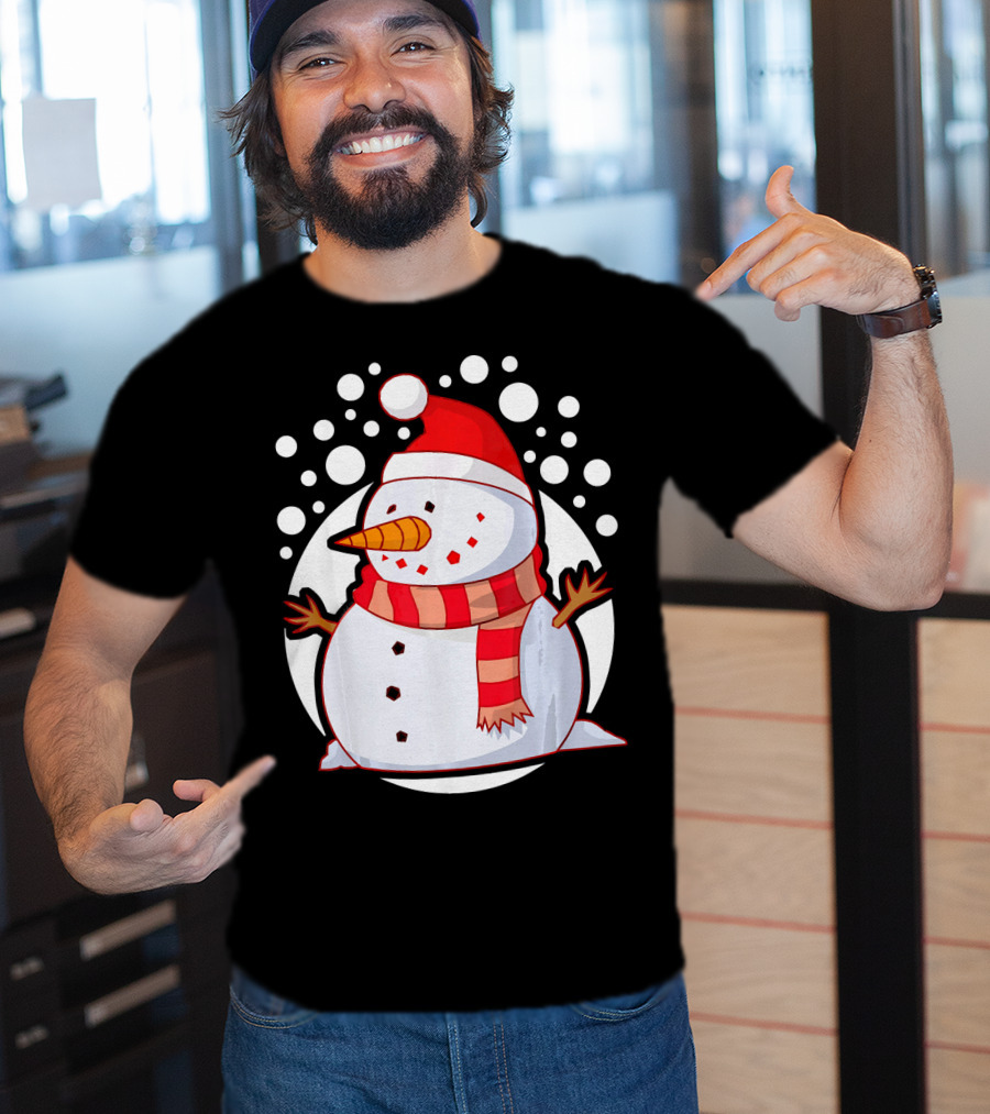 Winter Christmas Santa Snowman In Red Scarf And Hat T-Shirt