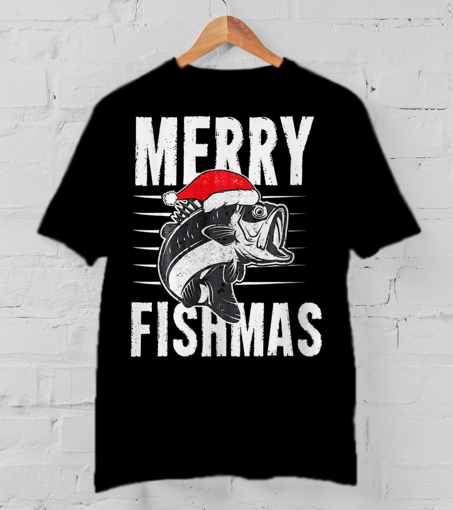 Merry Fishmas Funny Christmas Fishing Santa Hat Fish T-Shirt