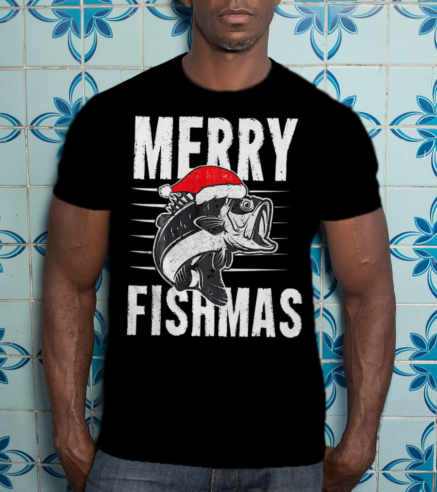 Merry Fishmas Funny Christmas Fishing Santa Hat Fish T-Shirt