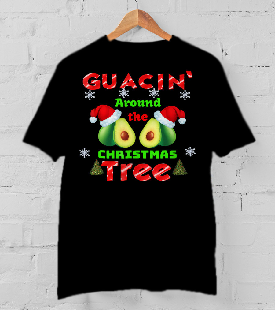 Guacin' Around The Christmas Tree Avocado Santa Hat Snowflakes T-Shirt