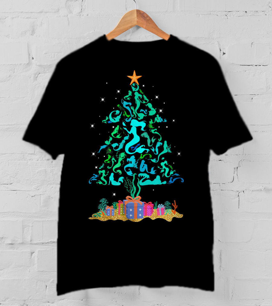 Mermaid Christmas Tree With Gifts And Star Topper T-Shirt