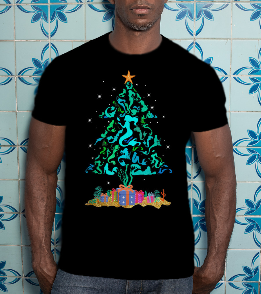 Mermaid Christmas Tree With Gifts And Star Topper T-Shirt
