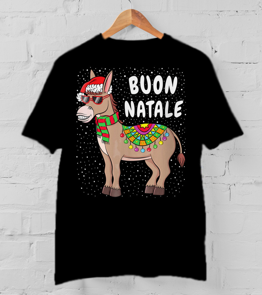 Buon Natale Christmas Donkey With Santa Hat And Colorful Lights T-Shirt