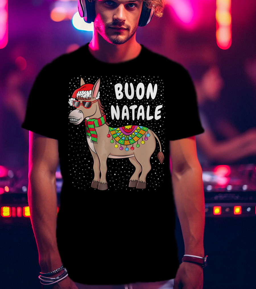 Buon Natale Christmas Donkey With Santa Hat And Colorful Lights T-Shirt