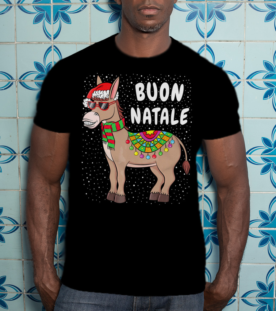 Buon Natale Christmas Donkey With Santa Hat And Colorful Lights T-Shirt