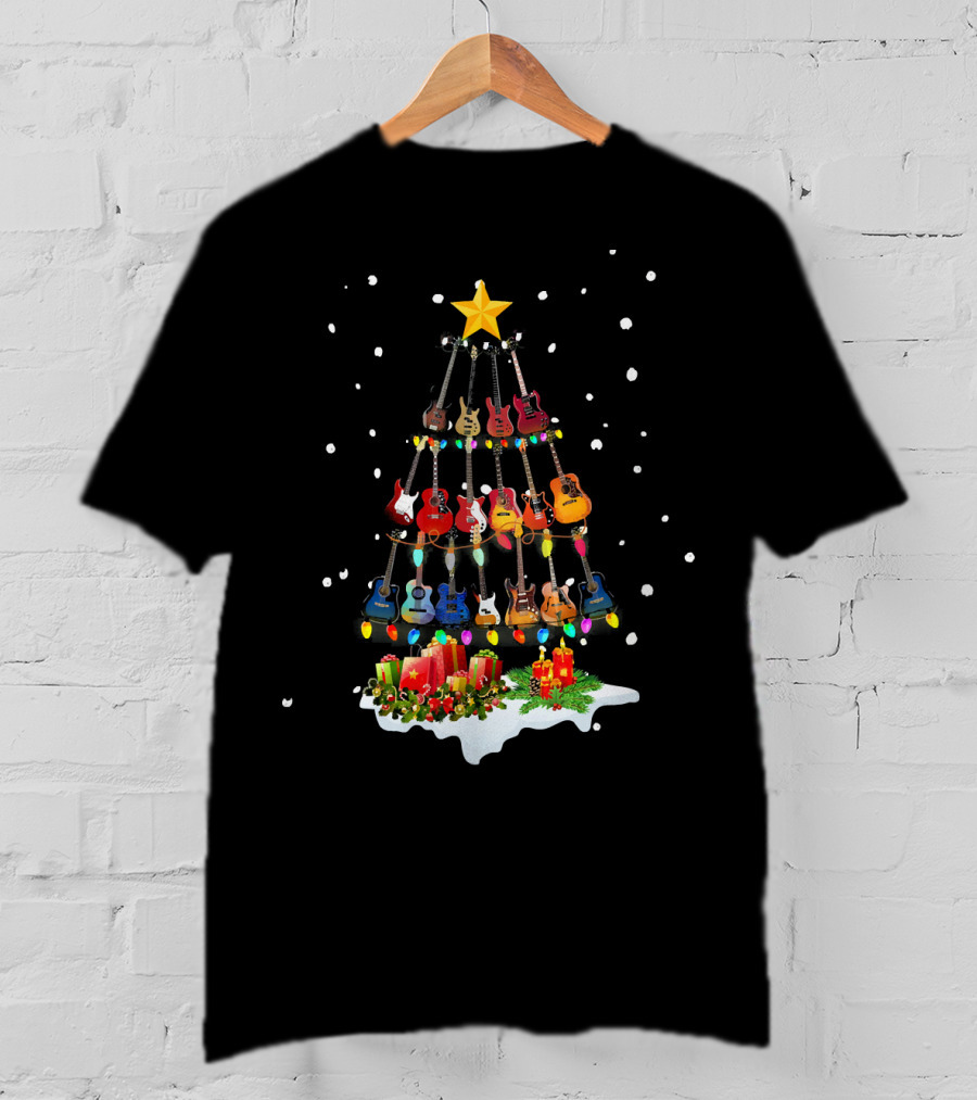 Guitar Christmas Tree Holiday Lights Snowflakes Star Candles T-Shirt
