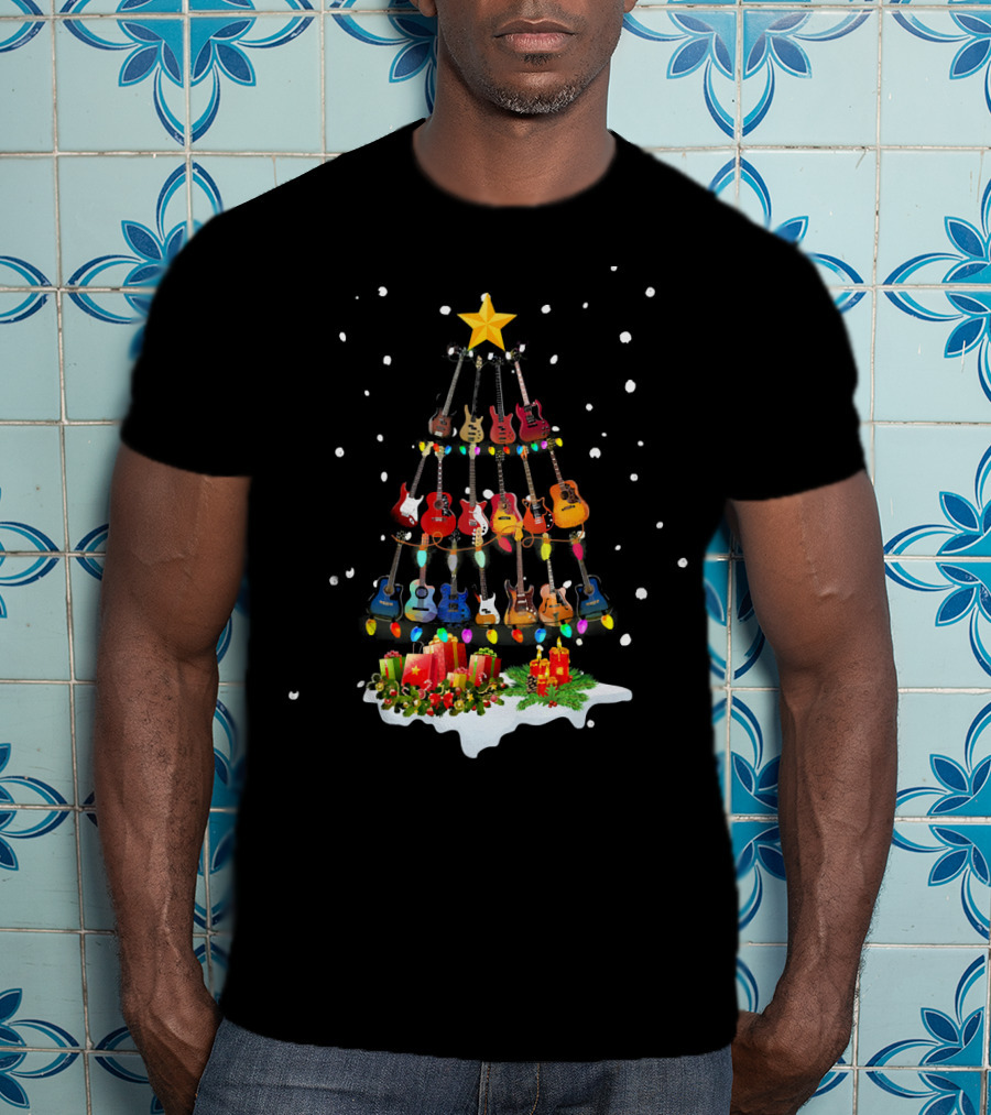 Guitar Christmas Tree Holiday Lights Snowflakes Star Candles T-Shirt