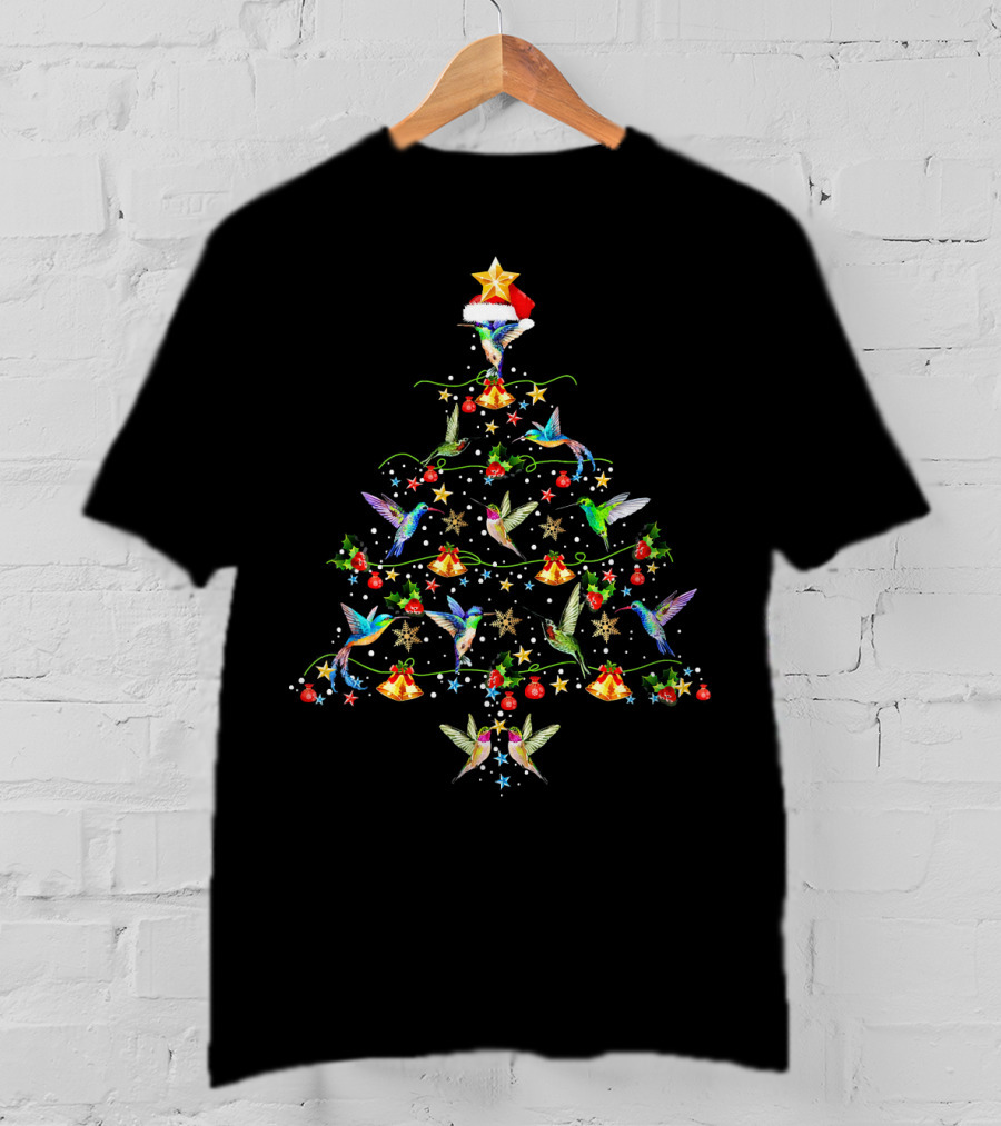 Hummingbirds Christmas Tree Star Santa Hat Festive Bells Holiday Decor T-Shirt