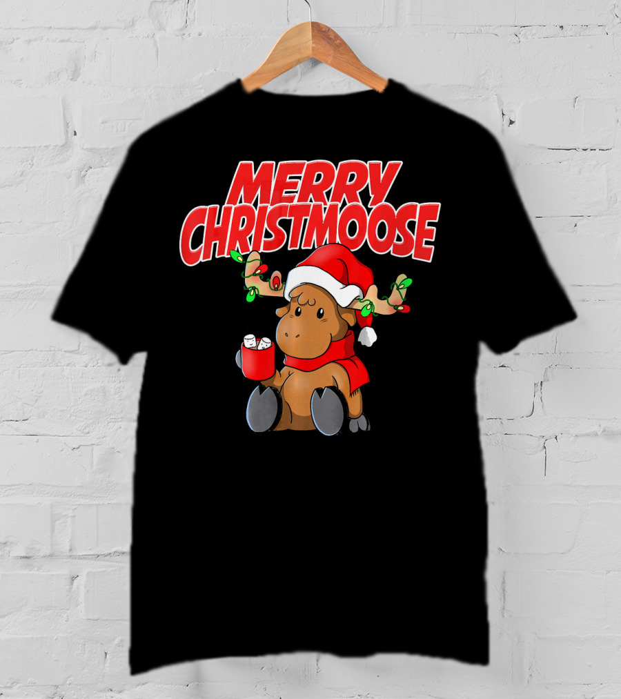 Merry Christmoose Funny Holiday Pun Moose With Santa Hat And Hot Cocoa T-Shirt