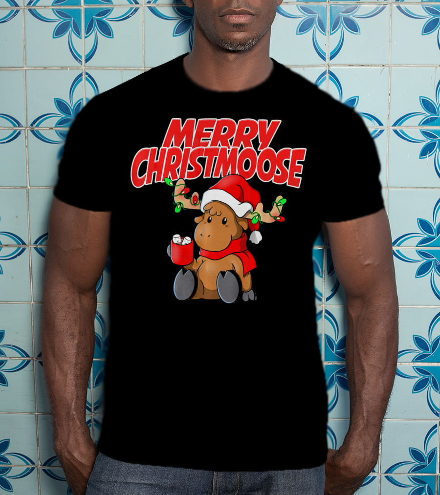Merry Christmoose Funny Holiday Pun Moose With Santa Hat And Hot Cocoa T-Shirt