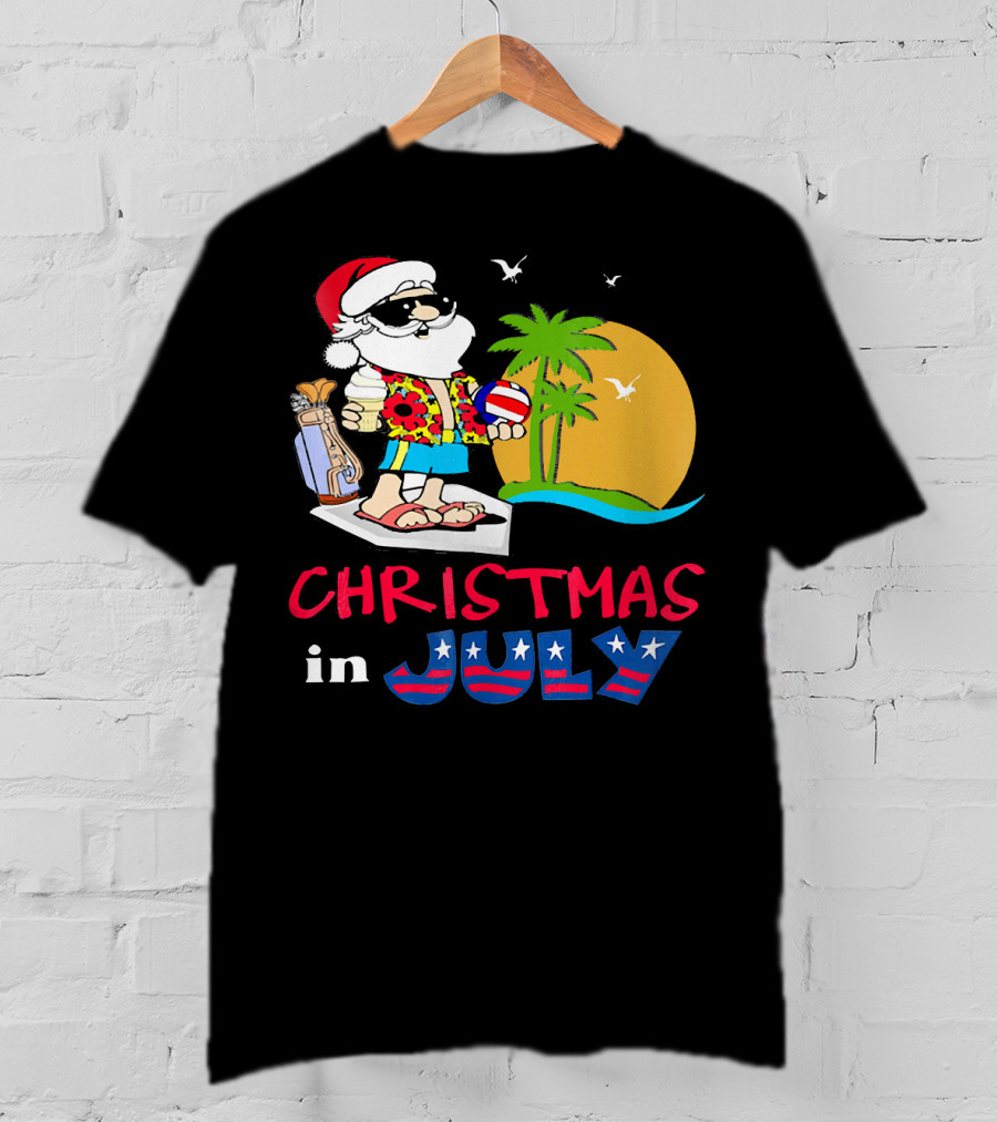 Christmas In July Funny Santa Summer Golf Sun And Palm Trees T-Shirt