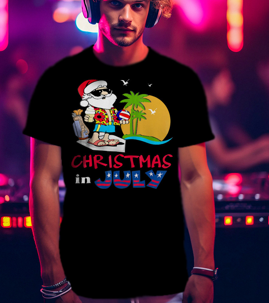 Christmas In July Funny Santa Summer Golf Sun And Palm Trees T-Shirt