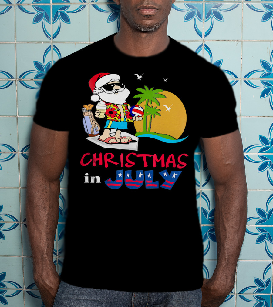 Christmas In July Funny Santa Summer Golf Sun And Palm Trees T-Shirt