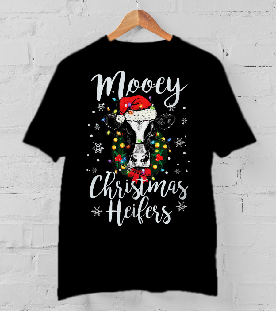 Mooey Christmas Heifers Santa Cow With Festive Lights And Snowflakes T-Shirt