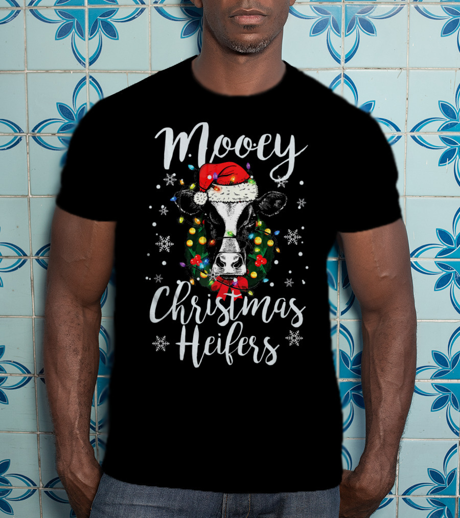 Mooey Christmas Heifers Santa Cow With Festive Lights And Snowflakes T-Shirt