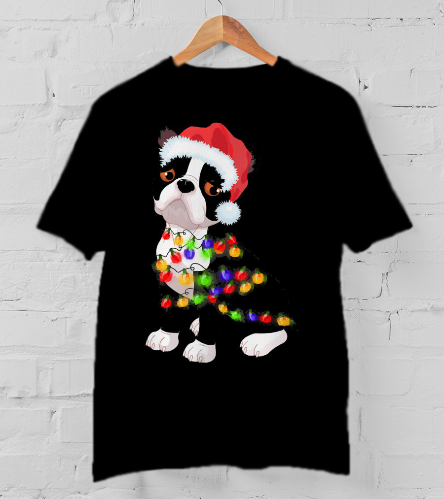 Boston Terrier Christmas Lights Santa Hat T-Shirt