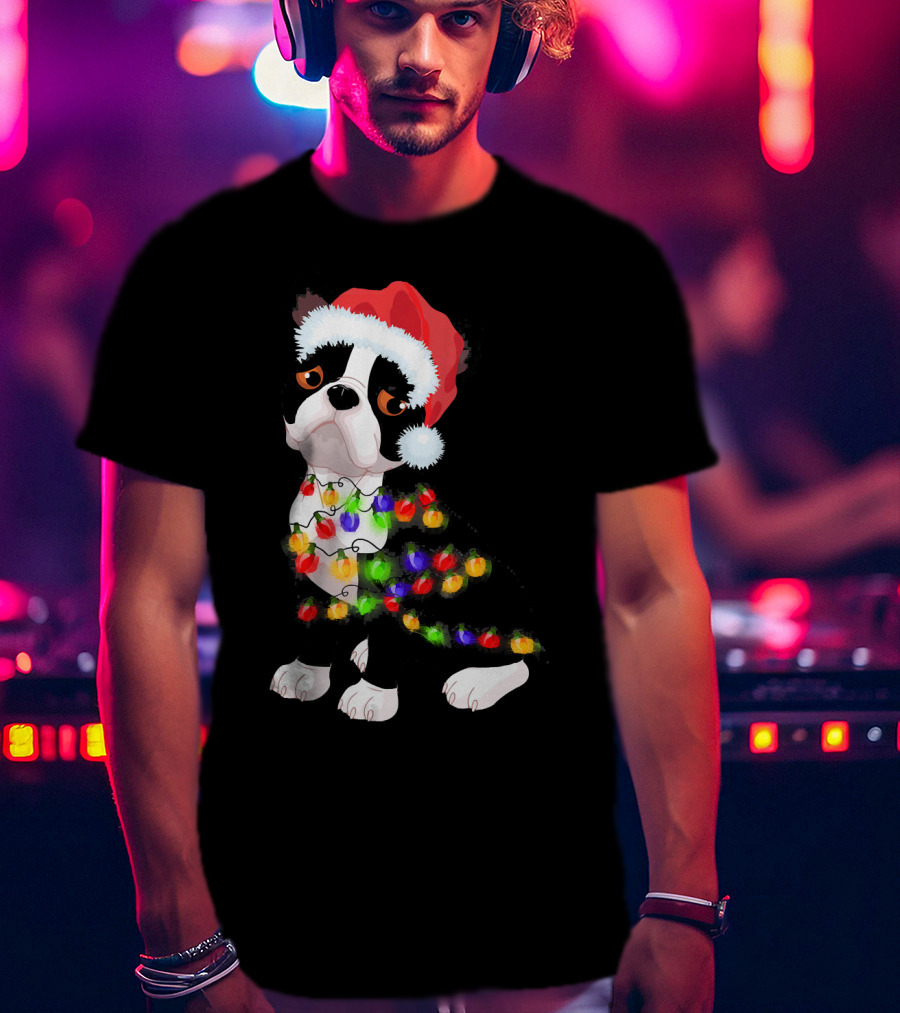 Boston Terrier Christmas Lights Santa Hat T-Shirt