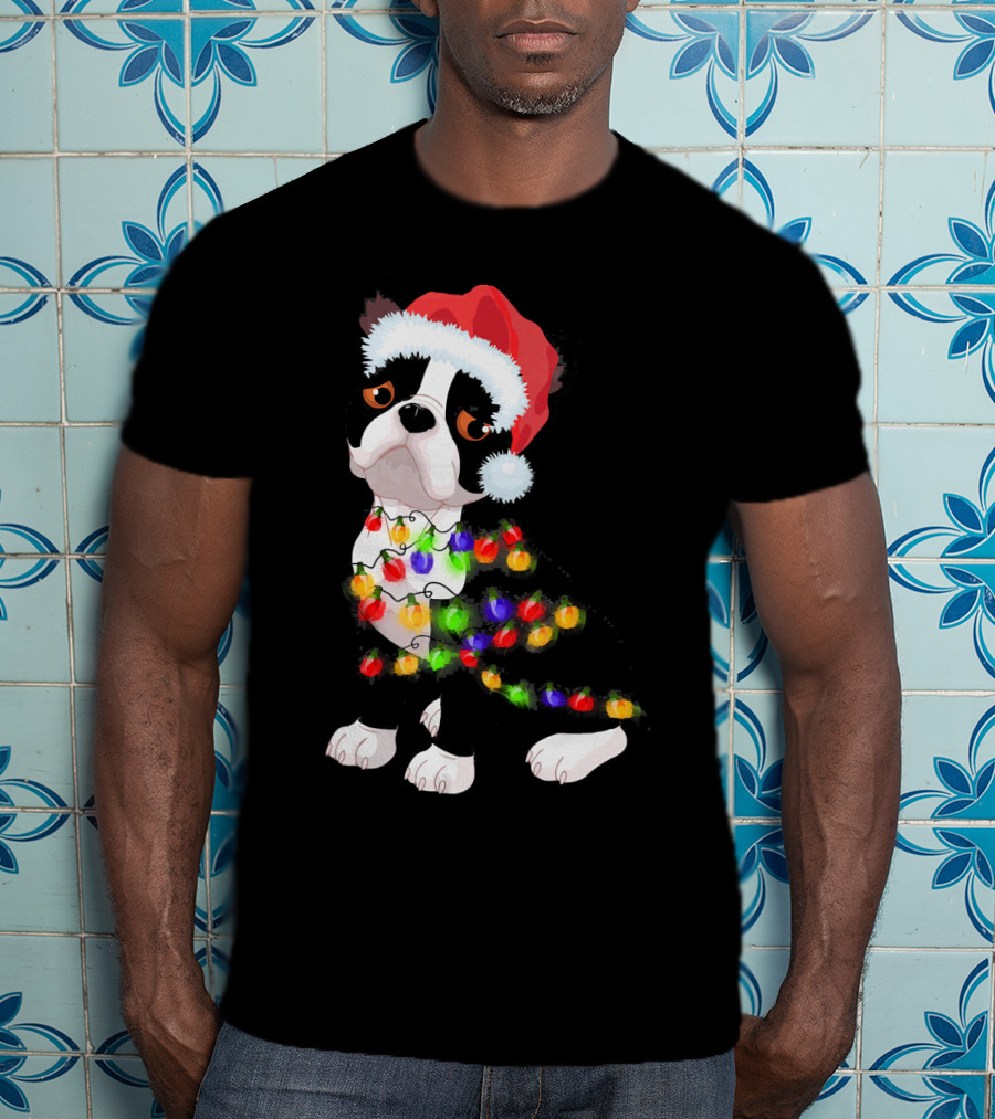 Boston Terrier Christmas Lights Santa Hat T-Shirt