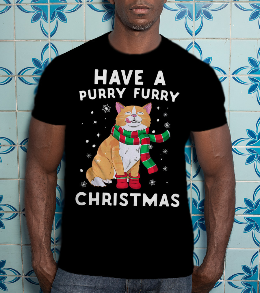 Have A Purry Furry Christmas Snowflakes And Cat With Scarf T-Shirt