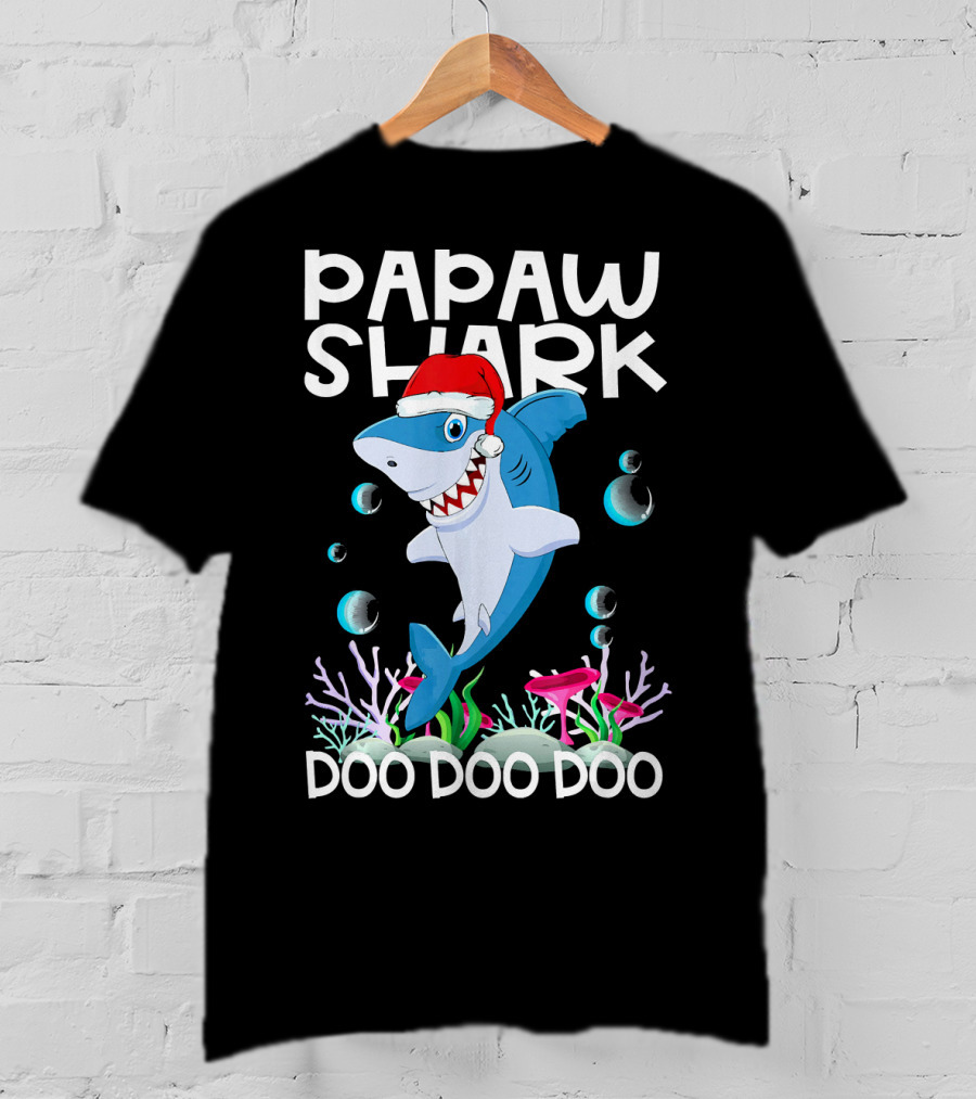 Papaw Shark Doo Doo Doo Santa Hat Coral Bubbles T-Shirt