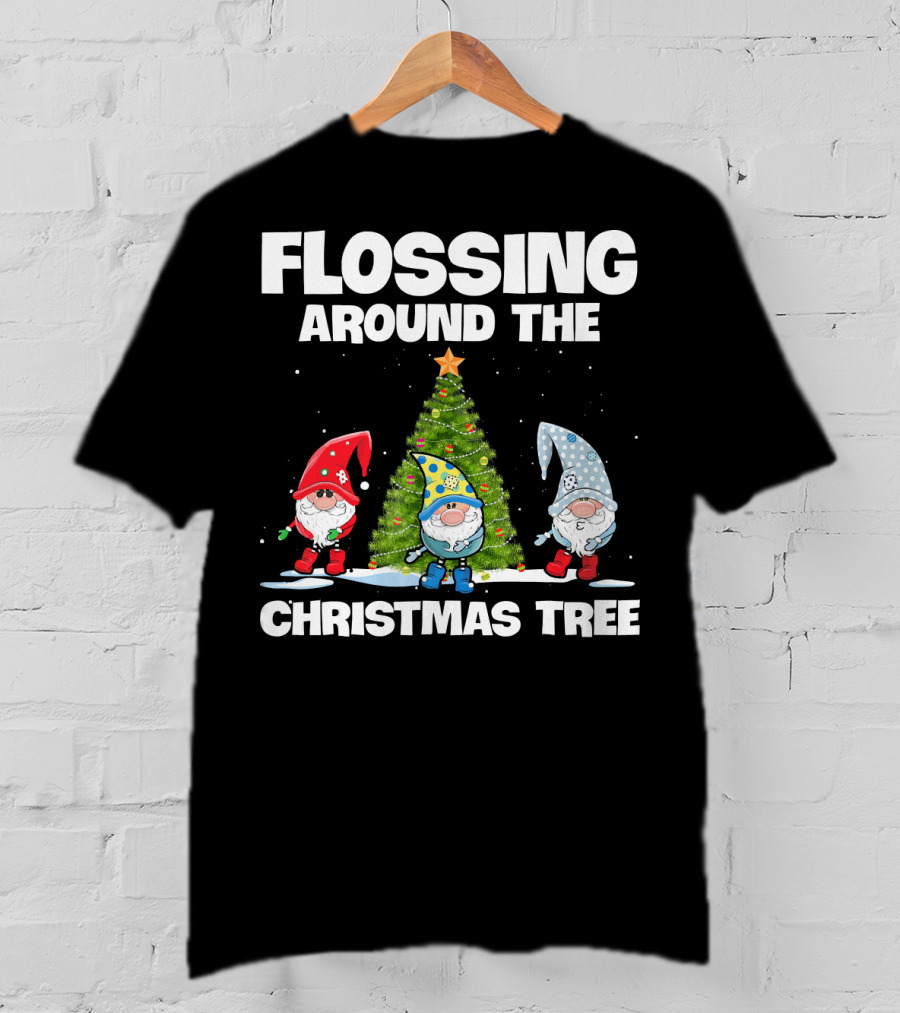 Flossing Around The Christmas Tree Gnomes And Lights Under Starry Sky T-Shirt
