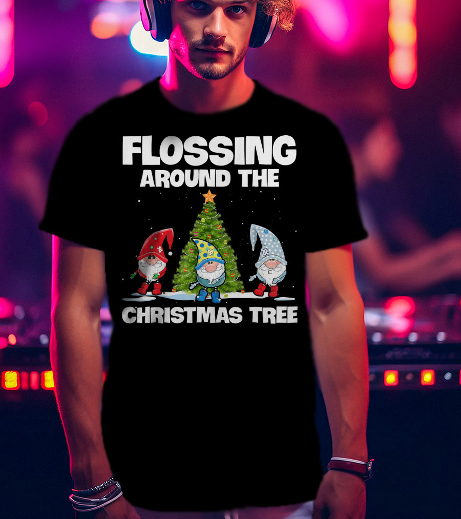 Flossing Around The Christmas Tree Gnomes And Lights Under Starry Sky T-Shirt