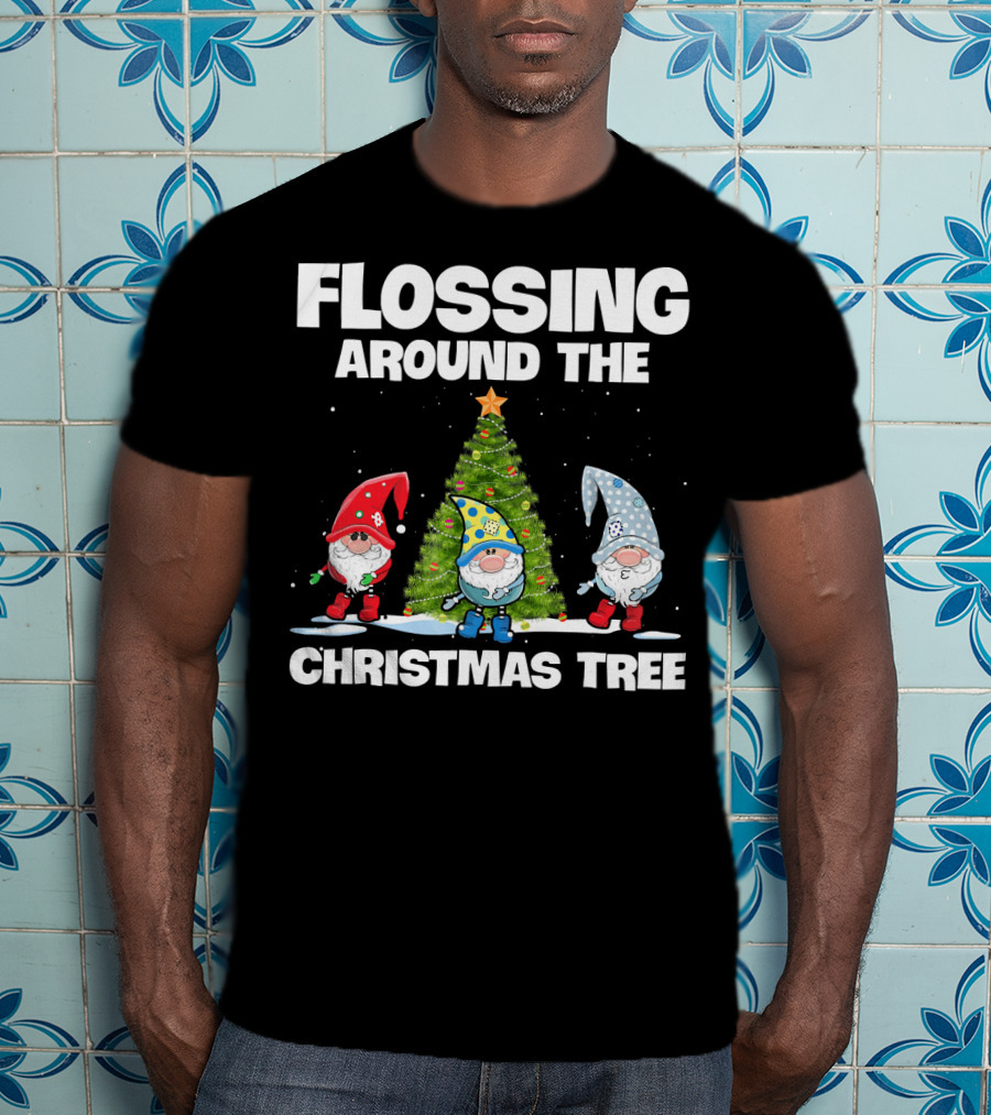 Flossing Around The Christmas Tree Gnomes And Lights Under Starry Sky T-Shirt