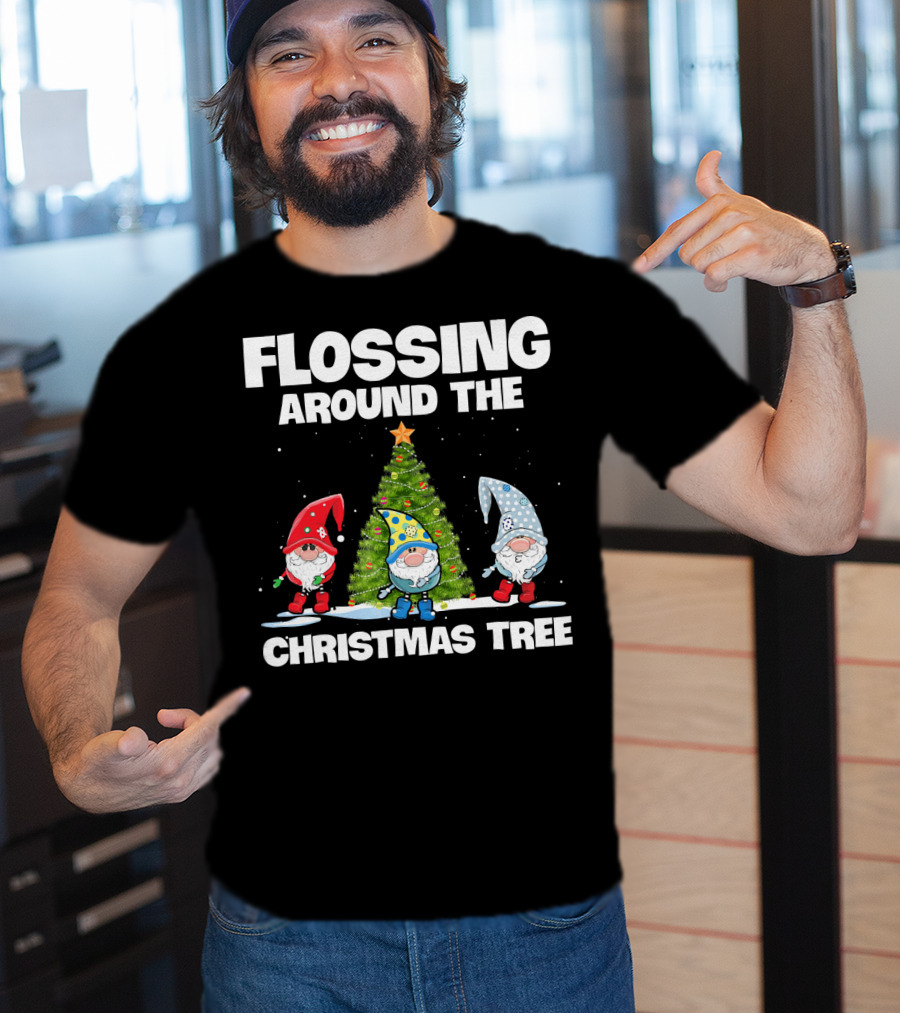 Flossing Around The Christmas Tree Gnomes And Lights Under Starry Sky T-Shirt