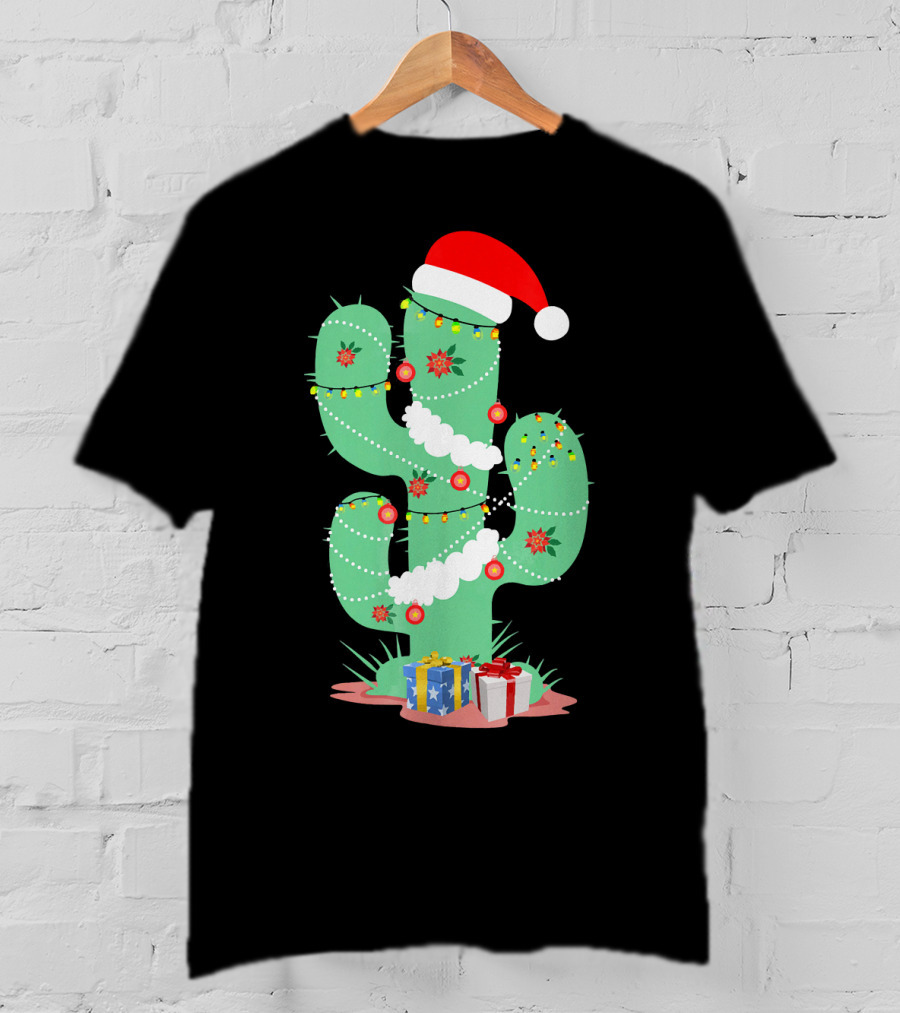 Funny Christmas Cactus With Santa Hat And Presents T-Shirt