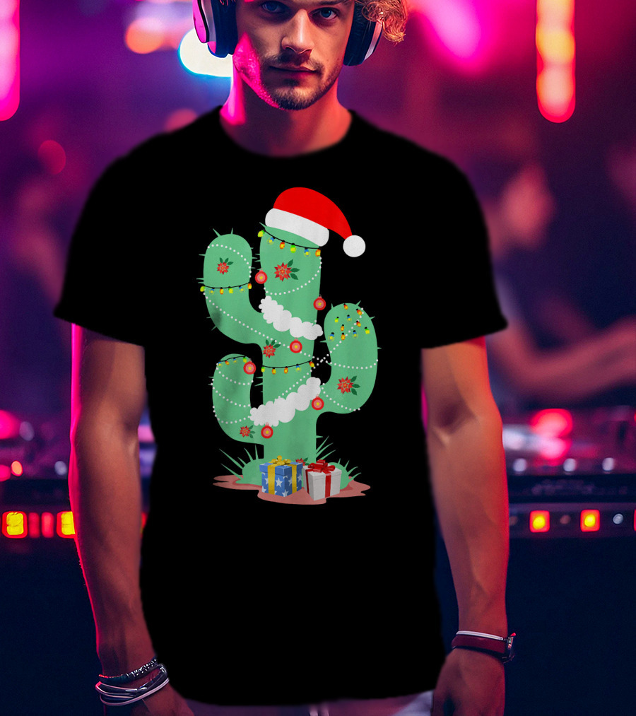 Funny Christmas Cactus With Santa Hat And Presents T-Shirt