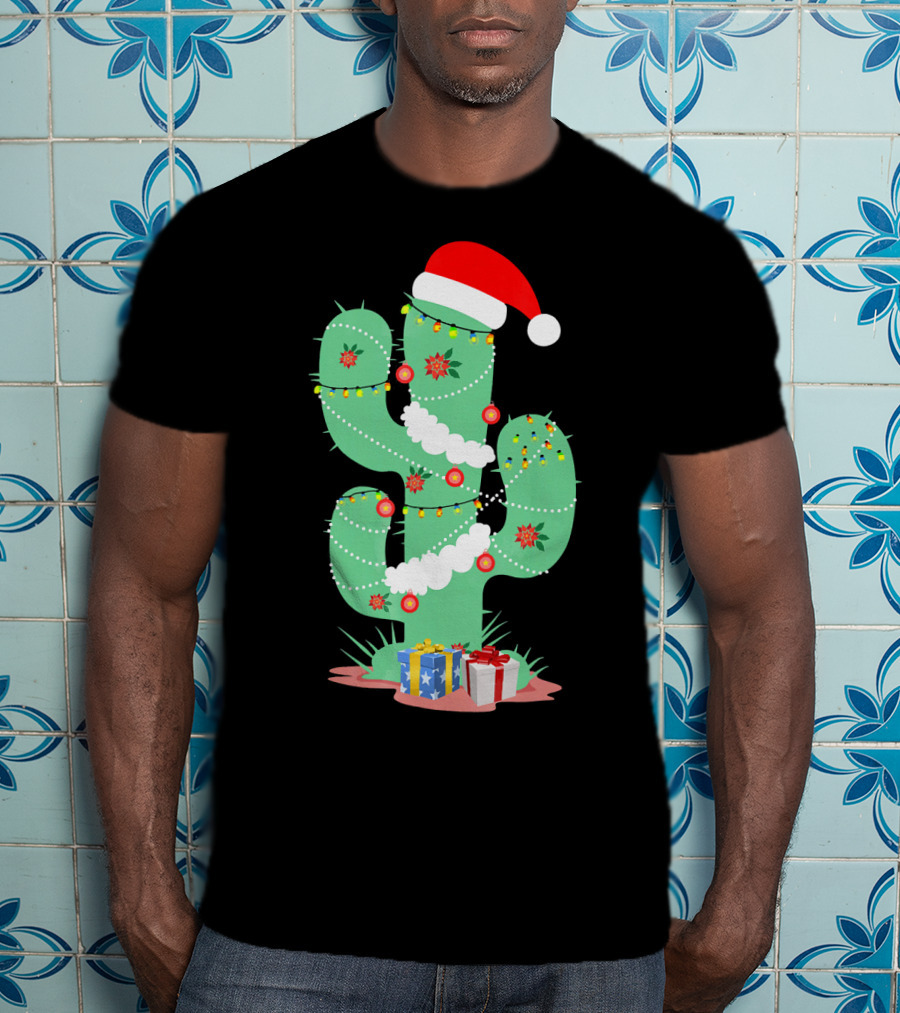 Funny Christmas Cactus With Santa Hat And Presents T-Shirt
