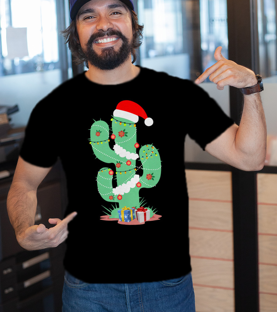 Funny Christmas Cactus With Santa Hat And Presents T-Shirt