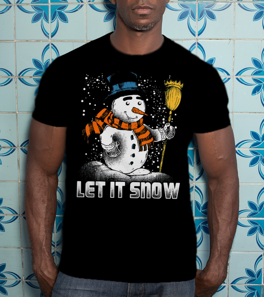 Let It Snow Snowman With Orange Scarf And Broom T-Shirt