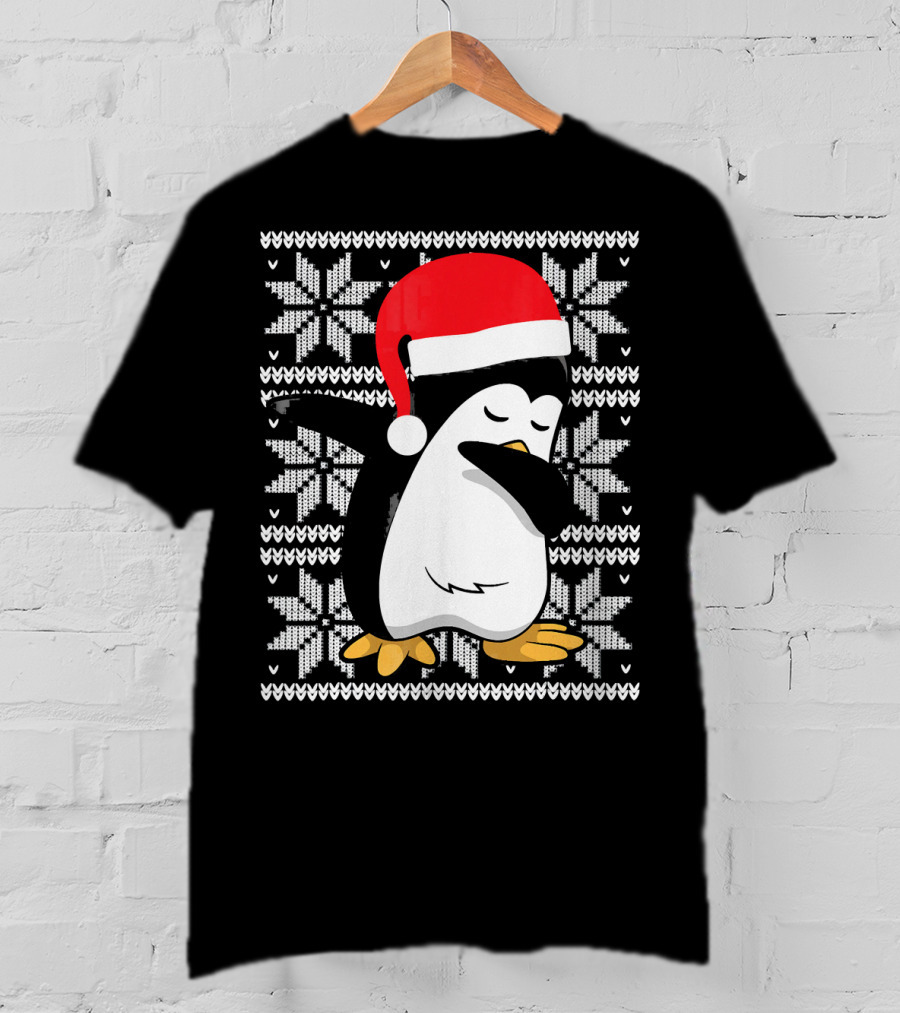 Ugly Christmas Dabbing Penguin Santa Hat Snowflake T-Shirt