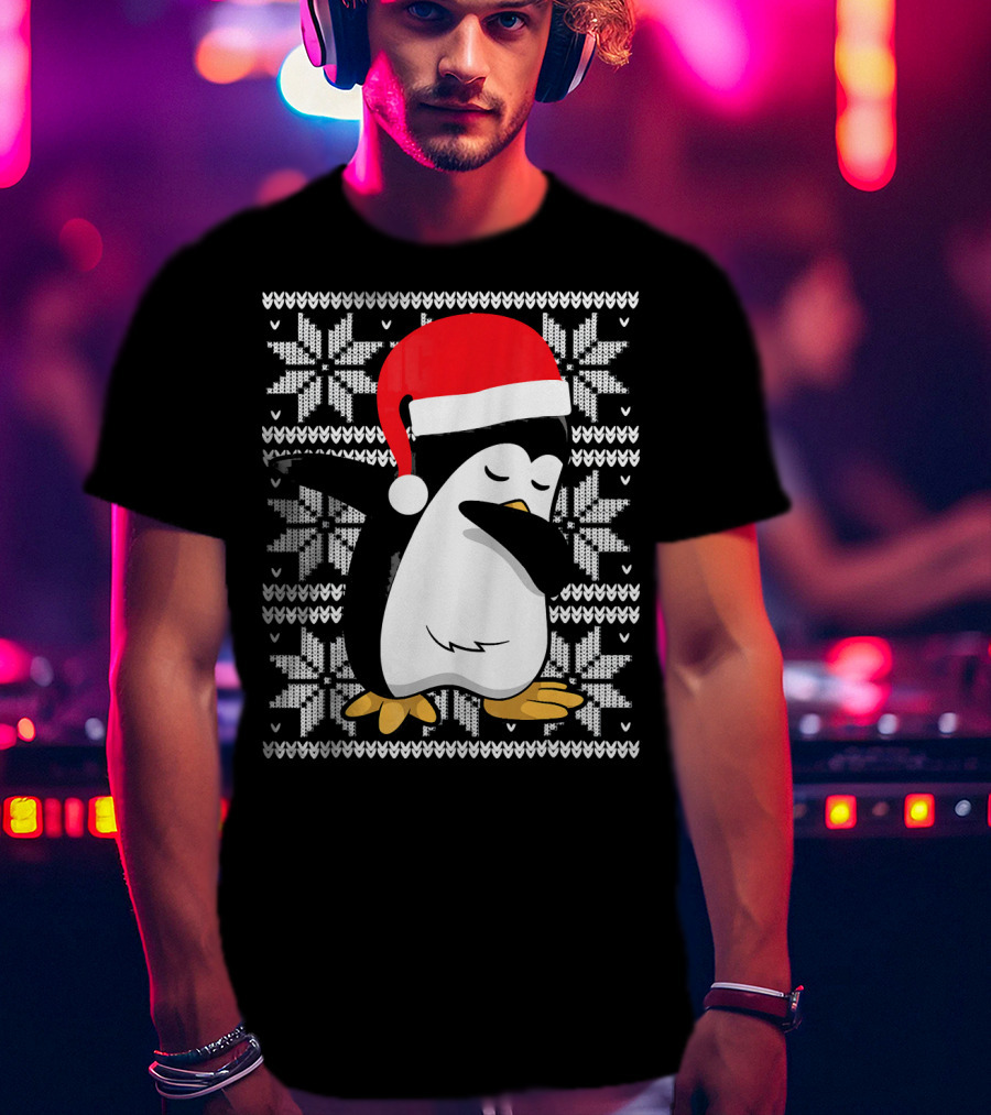 Ugly Christmas Dabbing Penguin Santa Hat Snowflake T-Shirt