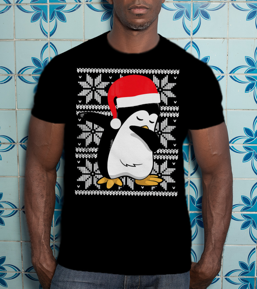 Ugly Christmas Dabbing Penguin Santa Hat Snowflake T-Shirt