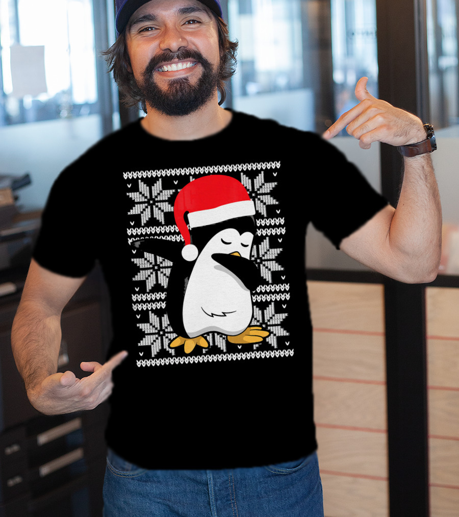 Ugly Christmas Dabbing Penguin Santa Hat Snowflake T-Shirt