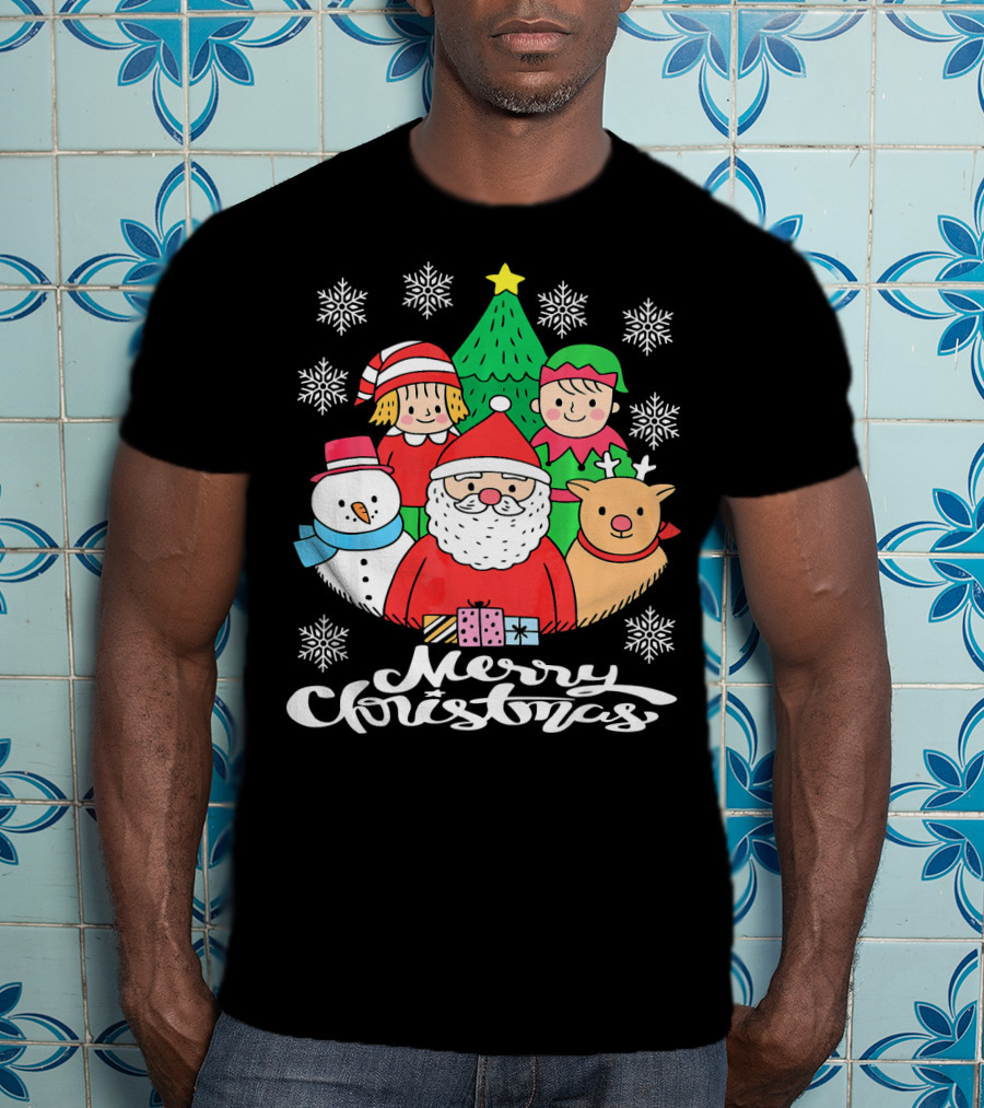 Merry Christmas Santa Claus Elf Snowman Reindeer Tree T-Shirt