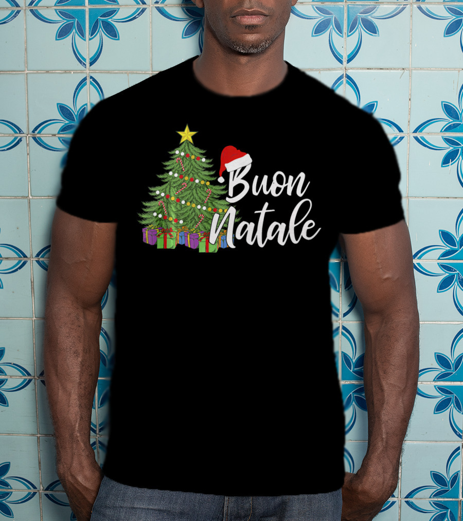 Buon Natale Italian Christmas Tree Santa Hat Tanti Auguri Regalo T-Shirt