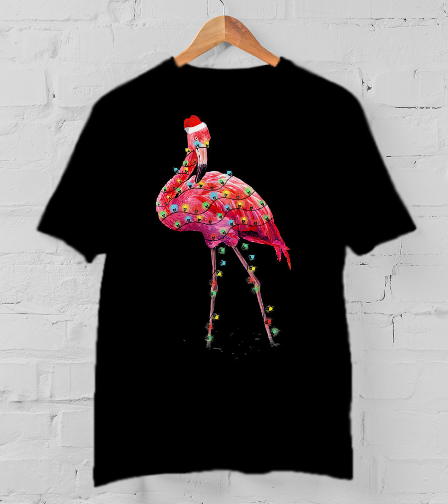 Cute Pink Flamingo Christmas Lights Santa Hat T-Shirt