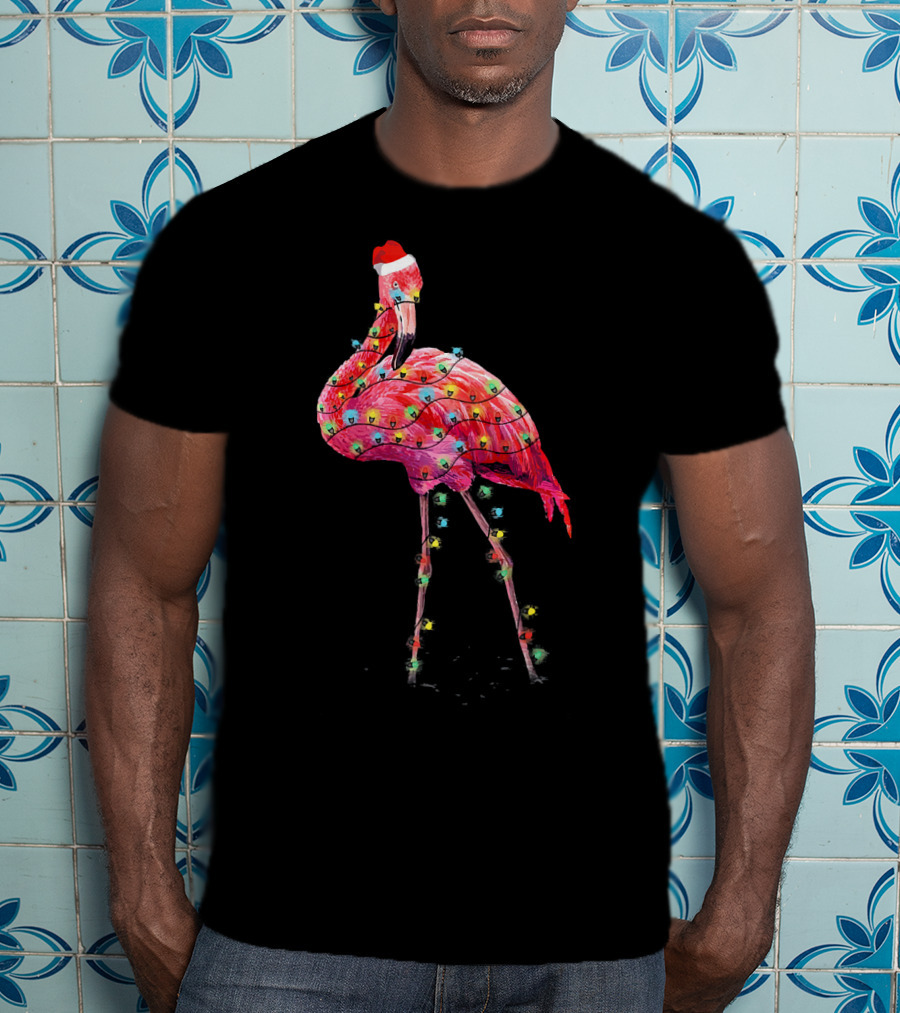 Cute Pink Flamingo Christmas Lights Santa Hat T-Shirt