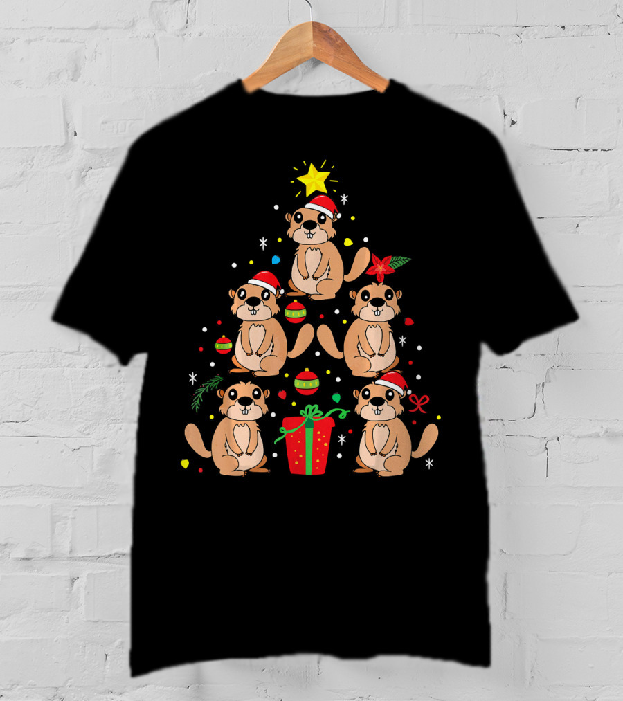Groundhog Christmas Ornament Tree With Santa Hats And Gift T-Shirt