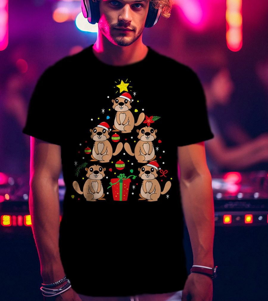 Groundhog Christmas Ornament Tree With Santa Hats And Gift T-Shirt