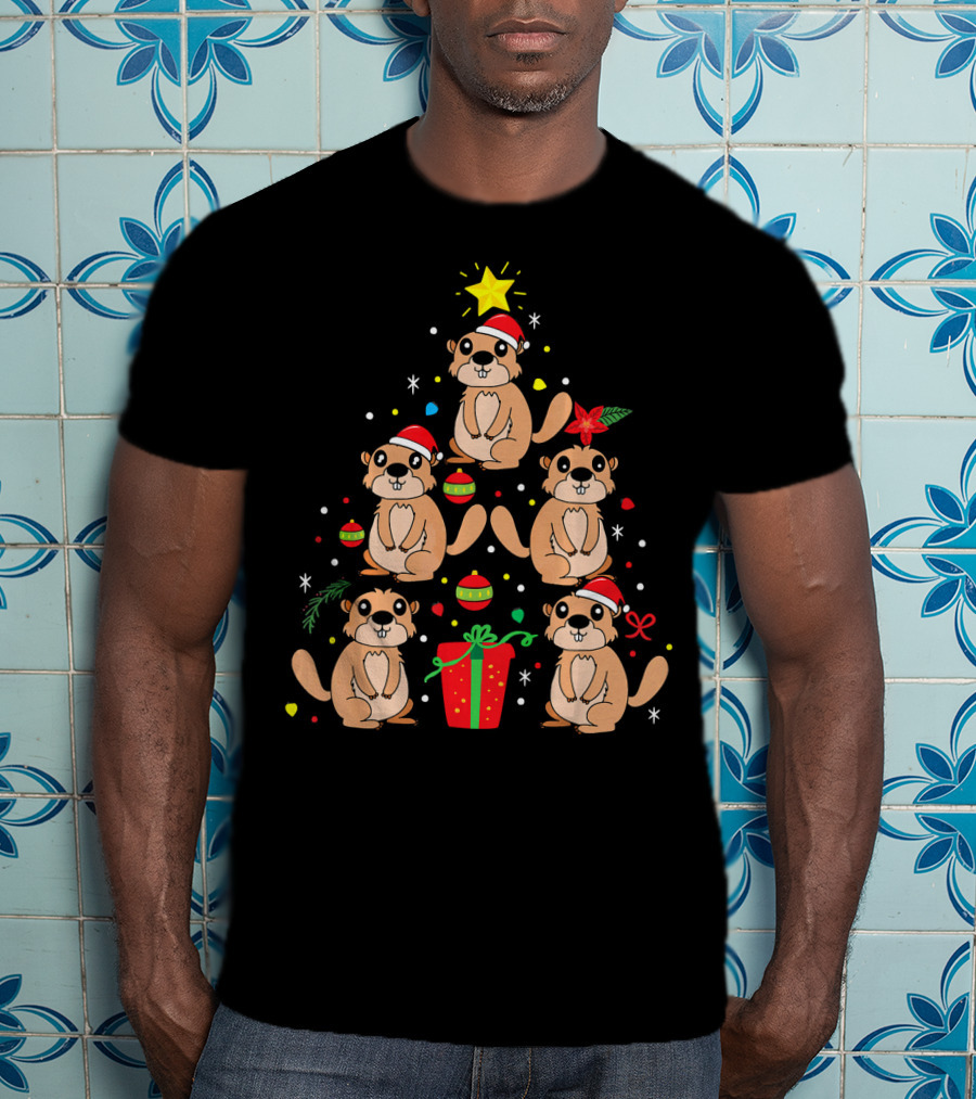 Groundhog Christmas Ornament Tree With Santa Hats And Gift T-Shirt