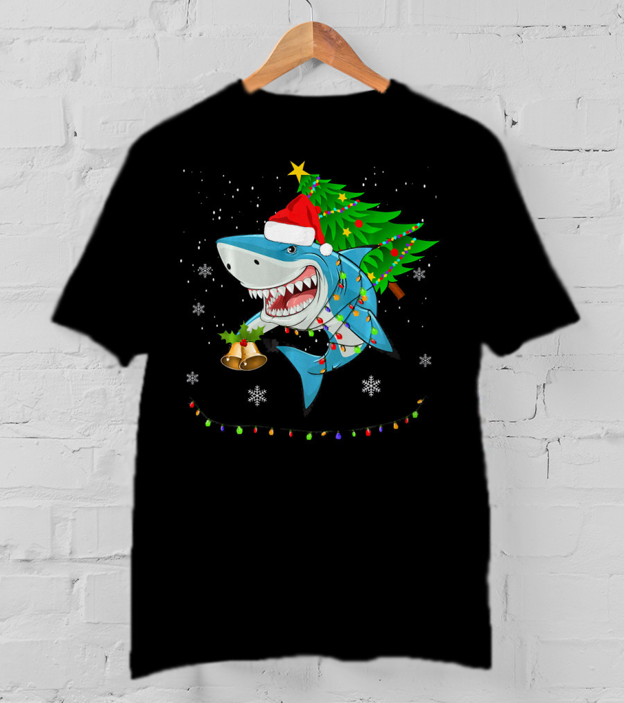 Shark Christmas Tree Santa Hat Holiday Lights Snowflakes T-Shirt